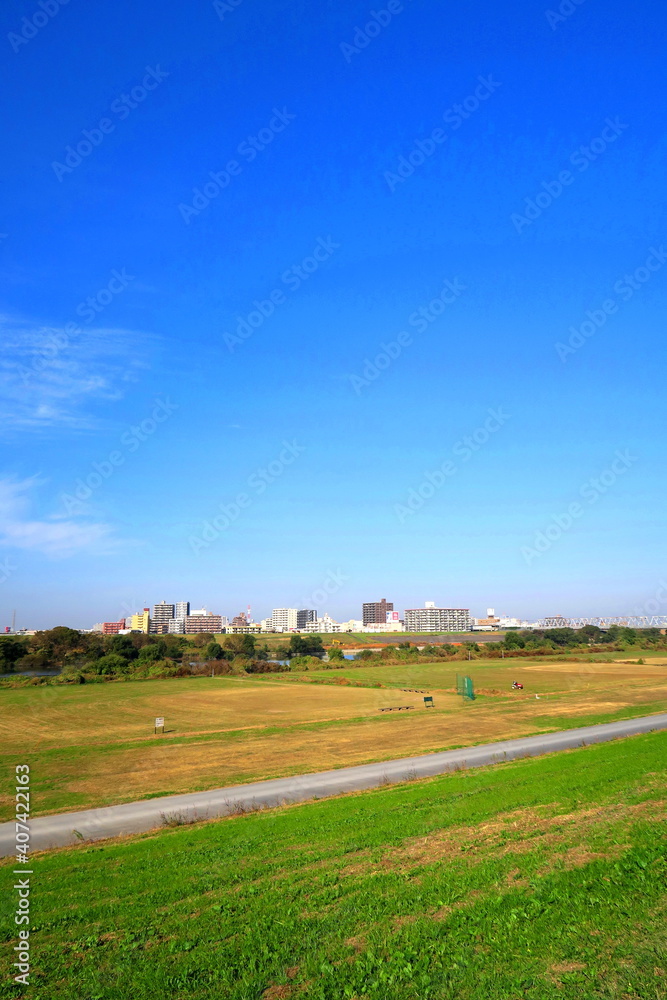 Naklejka premium 秋の除草された江戸川土手から見る河川敷風景