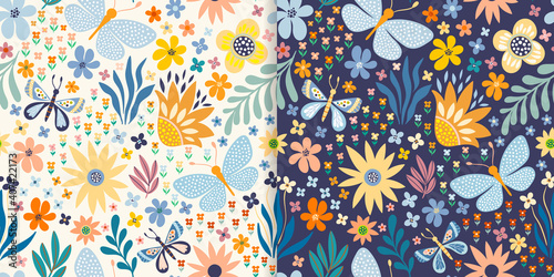 Floral seamless patterns set with butterflies, flowers and plants