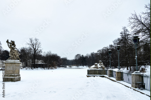  park Łazienki Królewskie in Warsaw Poland on a snowy winter day