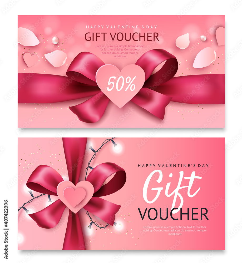 Valentine's day gift voucher template.Bright pink bow with a heart.