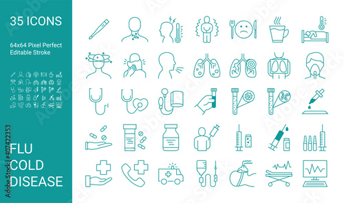 Vector icon set with flu and cold. Pneumonia. Disease. 64x64 Pixel Perfect. Editable Stroke.