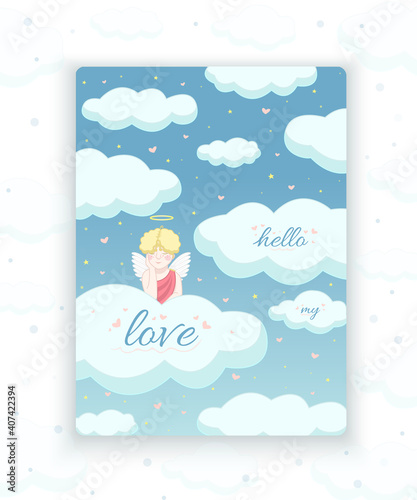 Valentine's Day card. Angel on a cloud. Vector illustration. The 14th of February. Love.