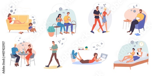 Set of cartoon flat characters surfing internet indoor and outdoor-different poses,places,people,gadgets and devices. Web online, site design concept