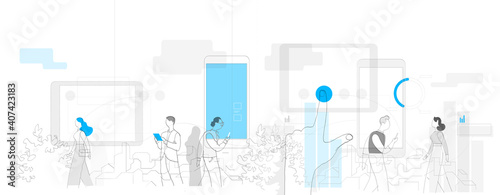 Customer Experience Analysis and Digital Communication. Male and female characters using modern digital gadgets for communication
