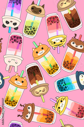 Seamless pattern with kawaii bubble tea with animal faces. Vector graphics.