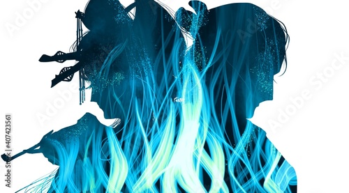 Quadro su tela Silhouette of a Japanese geisha and samurai in the burning fire