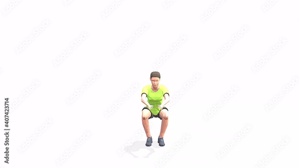 Woman exercise animation 3d model on a white background in the t-shirt. Low Poly Style. Turntable camera view