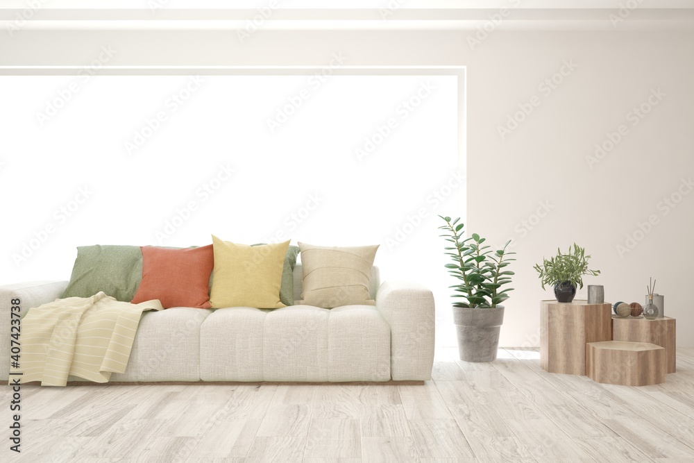 Naklejka premium White living room with sofa. Scandinavian interior design. 3D illustration