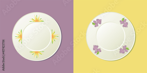 Set of two vector plates with purple and yellow floral ornaments.