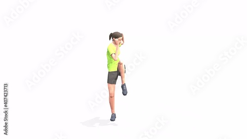 Woman exercise animation 3d model on a white background in the t-shirt. Low Poly Style. Turntable camera view