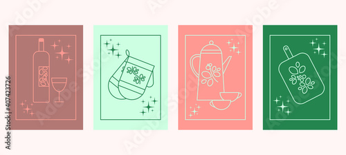 Vector set of four kitchen posters. They depict wine, potholders, kettle and cutting board.