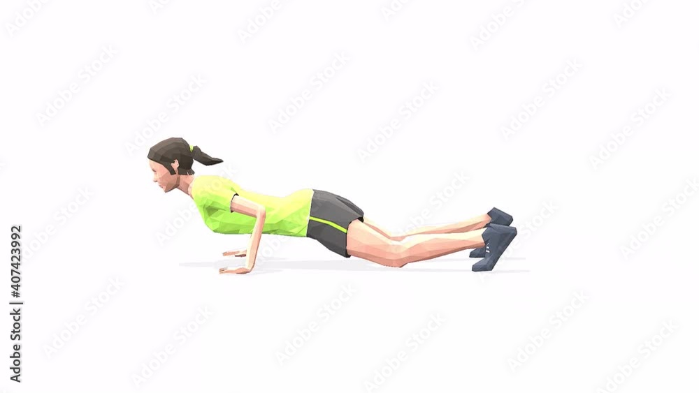 Woman exercise animation 3d model on a white background in the t-shirt. Low Poly Style. Turntable camera view Woman exercise animation 3d model on a white background in the t-shirt. Low Poly Style. Turntable camera view