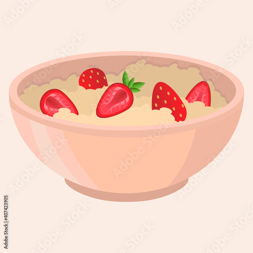 Vector illustration of pink porridge bowl with fresh cut strawberry.
