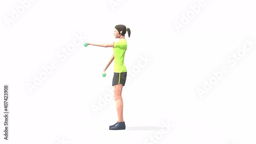 Woman exercise animation 3d model on a white background in the t-shirt. Low Poly Style. Turntable camera view