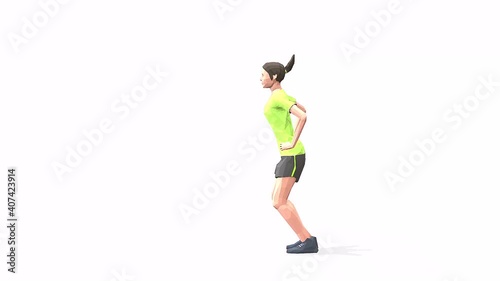 Woman exercise animation 3d model on a white background in the t-shirt. Low Poly Style. Turntable camera view