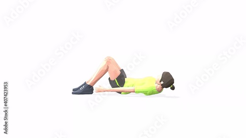 Woman exercise animation 3d model on a white background in the t-shirt. Low Poly Style. Turntable camera view