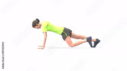 Woman exercise animation 3d model on a white background in the t-shirt. Low Poly Style. Turntable camera view