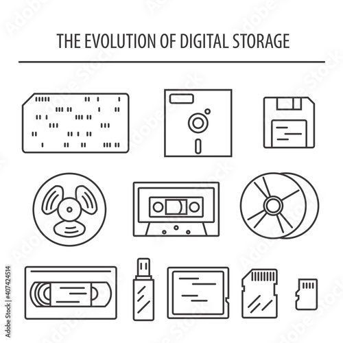 Media data storage devices evolution. Simple line vector icon set