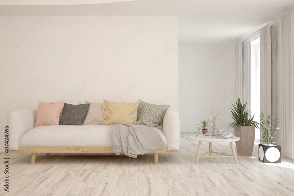 White living room with sofa. Scandinavian interior design. 3D illustration White living room with sofa. Scandinavian interior design. 3D illustration