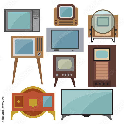 Television history. Evolution. Flat colour design vector icon set