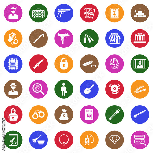 Robbery Icons. White Flat Design In Circle. Vector Illustration.