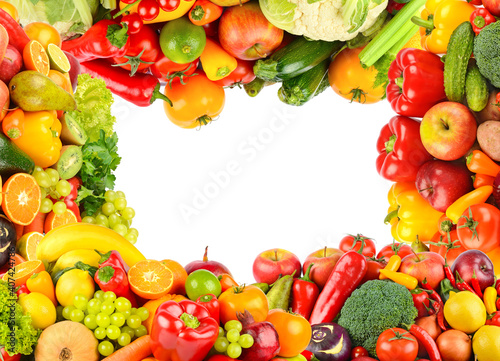 Rectangular composition fresh ripe vegetables and fruits isolated on white