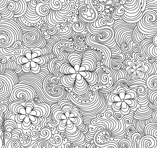 Beautiful abstract vector seamless pattern with handwritten curling lines, doodles and flowers