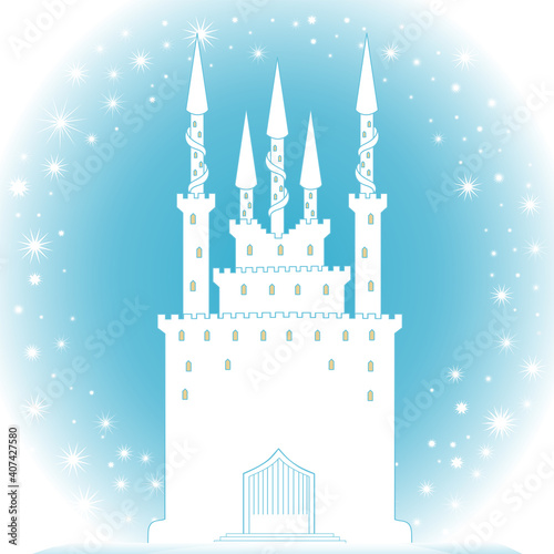 Enchanted castle among snowflakes. Happy New Year and Merry Christmas vector winter illustration