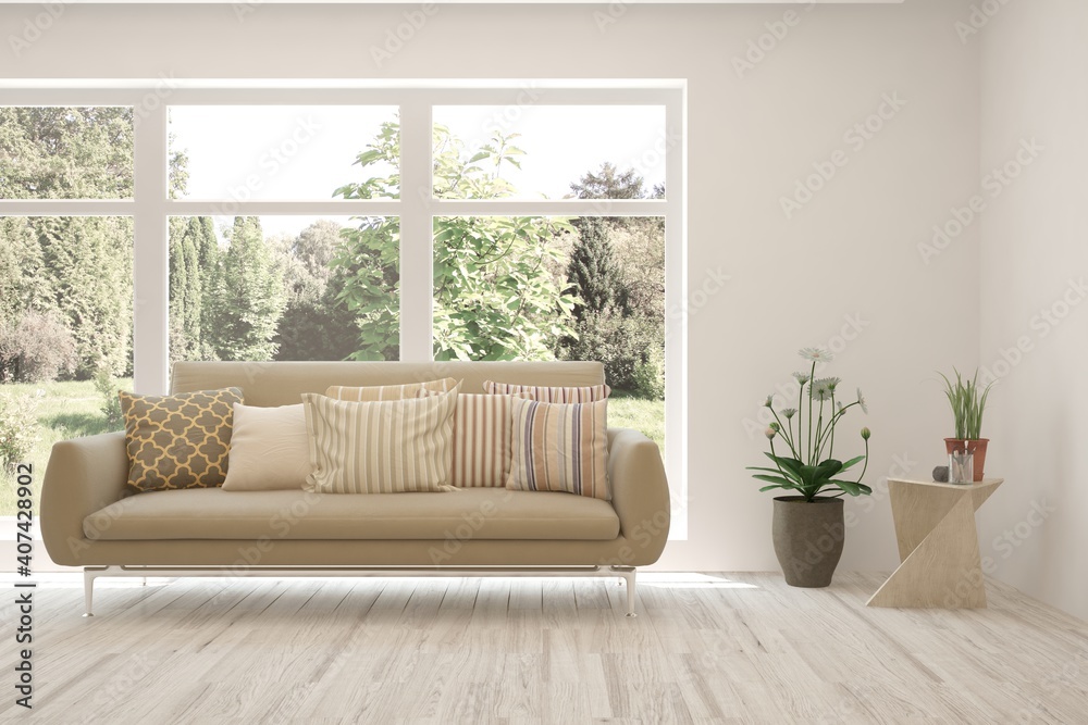 White living room with sofa and summer landscape in window. Scandinavian interior design. 3D illustration White living room with sofa and summer landscape in window. Scandinavian interior design. 3D illustration