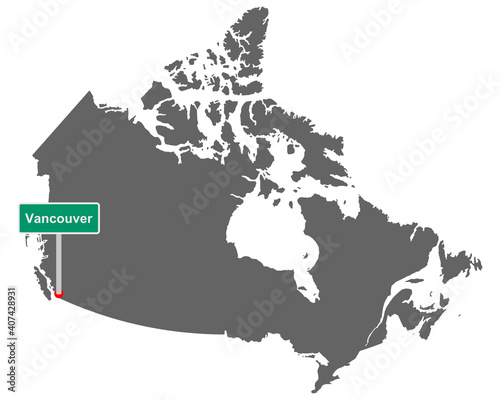 Landkarte von Kanada mit Ortsschild von Vancouver