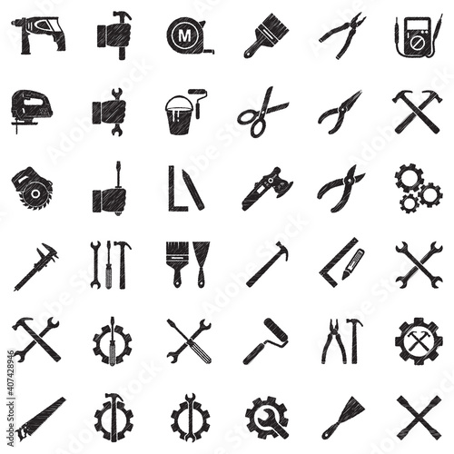 Repairman Icons. Black Scribble Design. Vector Illustration.