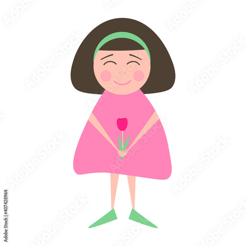 Isolated vector smiling girl with pink tulip in flat style on a white background. Design element for postcard, poster, wallpaper, print, textile, packing, background. Illustration with child.