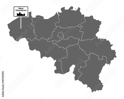 Landkarte von Belgien mit Orstsschild West Vlaanderen