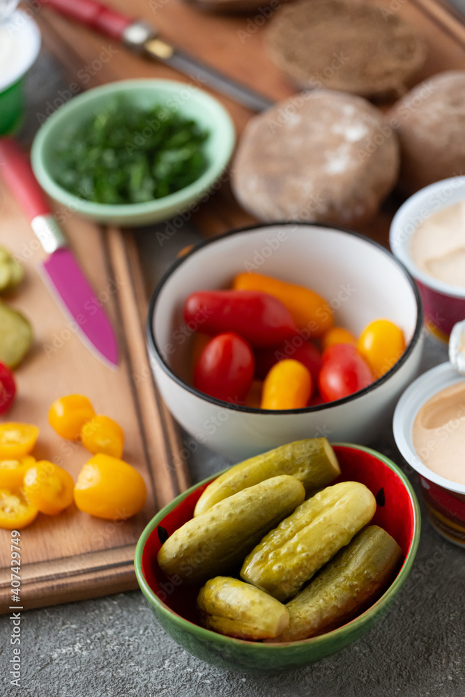Vegetables and spread for vegan sandwiches, close up Vegetables and spread for vegan sandwiches, close up