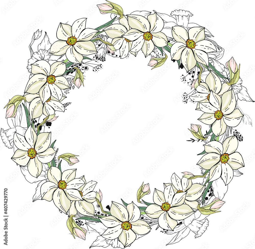 Round frame with pretty daffodils. Festive floral circle for your season design.