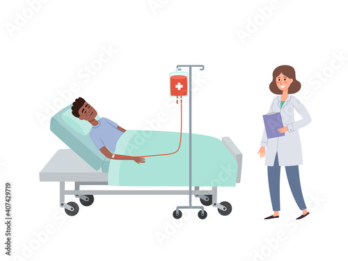 Cartoon vector illustration of lying patient during blood transfusion procedure