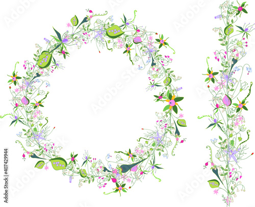 Round frame with pretty wild forest flowers. Festive floral circle for your season design. © Anna Tyukhmeneva