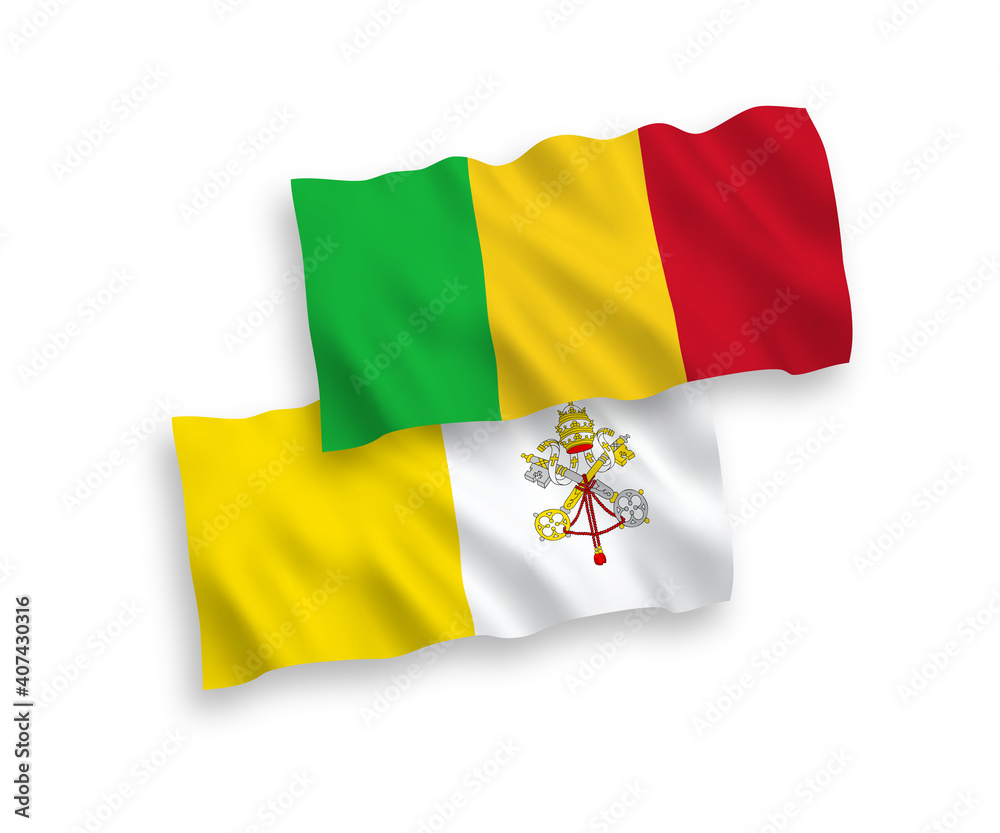 Obraz premium National vector fabric wave flags of Vatican and Mali isolated on white background. 1 to 2 proportion.