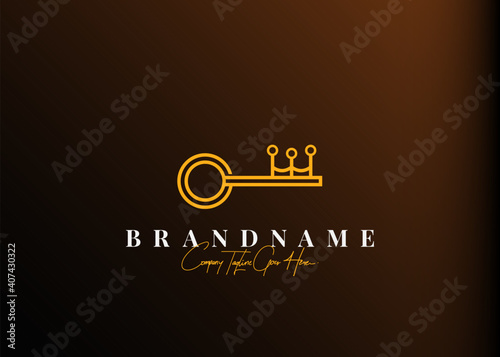 Key crown logo design. Vector illustration of abstract combination key and crown. Vintage logo design vector line icon template