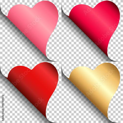 Set of Curly Page Corner Heart shaped, isolated.
