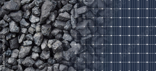Obraz na płótnie solar panel vs coal energy, green energy dirty coal, transition of energy, new e