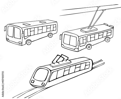 Set of outline pictures of public transport, bus and trolleybus. Electric tram transport. Hand-drawn isolated contour objects on a white background. Doodle.