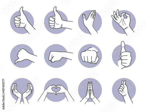 Good, love, and like hand gestures. Vector illustrations of hand and finger gestures that show thumb up, thumb down, heart, love, punch, and slap.