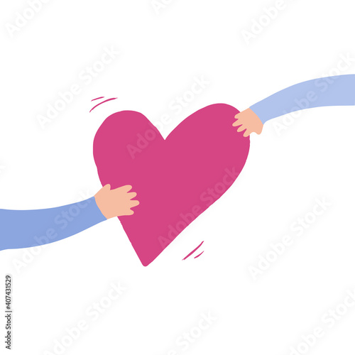 One hand holds pink heart and passes it to another hand.