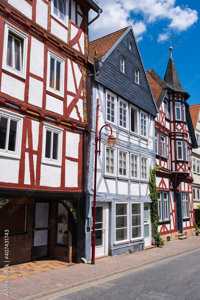 A row of old historical half-timbered houses in Butzbach / Germany in the Taunus