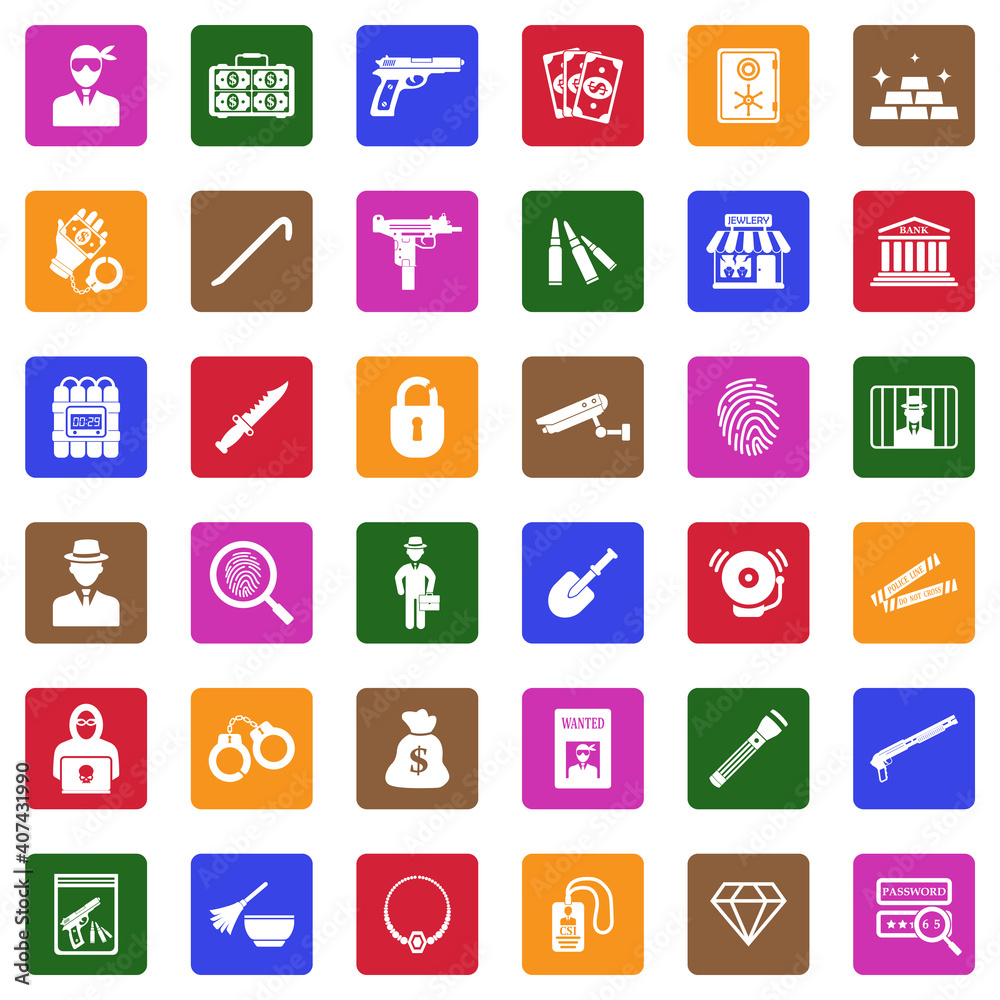 Robbery Icons. White Flat Design In Square. Vector Illustration. Robbery Icons. White Flat Design In Square. Vector Illustration.