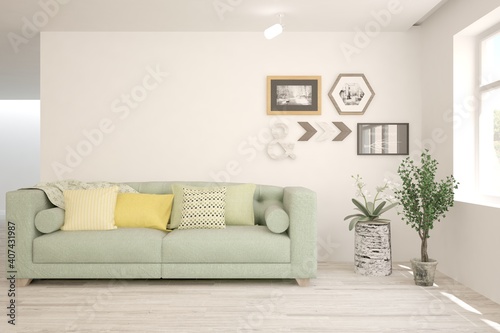 White living room with sofa. Scandinavian interior design. 3D illustration