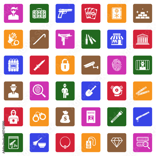 Robbery Icons. White Flat Design In Square. Vector Illustration.