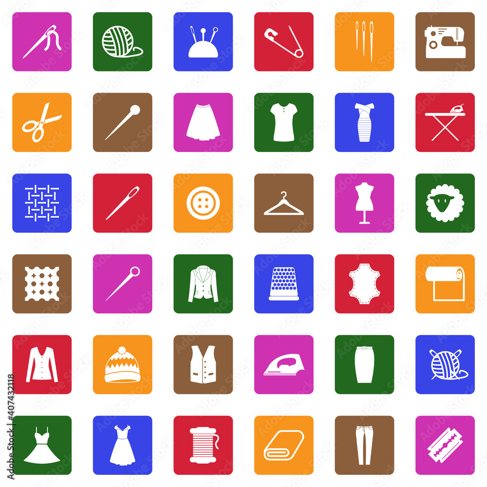 Sewing Icons. White Flat Design In Square. Vector Illustration. Sewing Icons. White Flat Design In Square. Vector Illustration.