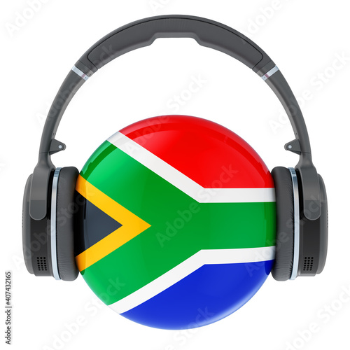 Headphones with South African flag, 3D rendering